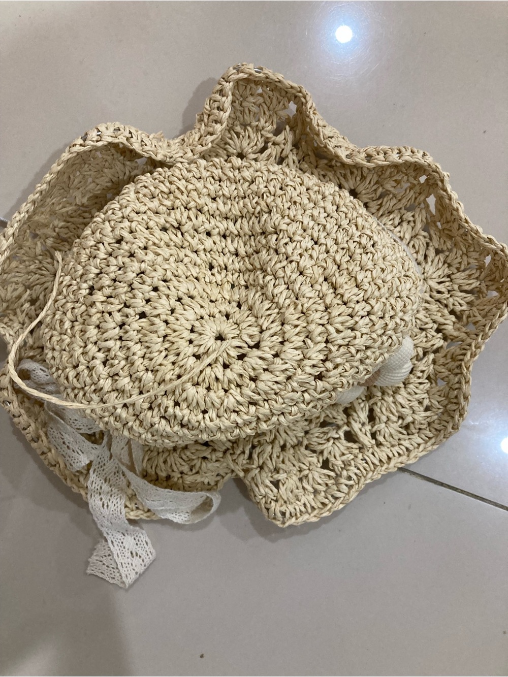 Cream Crochet Sun Hat with Scalloped Brim
